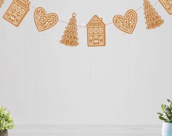 Guirnalda resistente de pan de jengibre con casa, árbol de estrellas y corazón - Decoración navideña de pared para interiores - Decoración navideña reutilizable