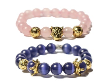 Armbänder aus rosa Rosenquarz, Katzenauge, mit goldenen Lava Steinen, goldenem Leopardenkopf. Ein schönes Weihnachtsgeschenk.