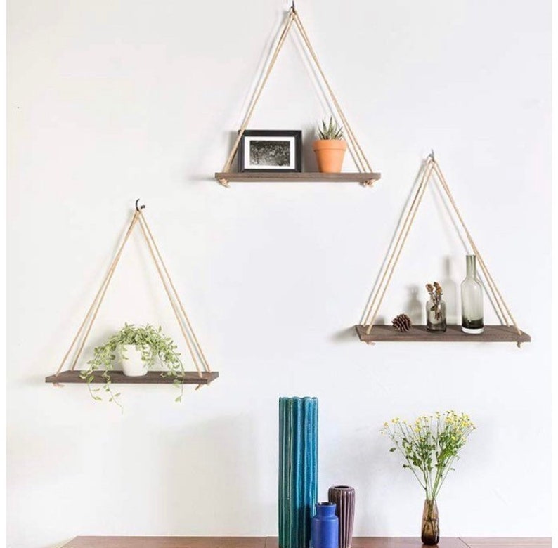 Set Of 3 Hanging Wood Shelves Rope Small Shelf