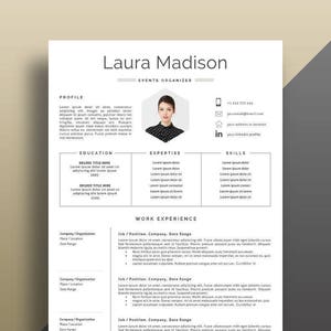 Puede incluir: Una plantilla de curr&iacute;culum vitae profesional con un dise&ntilde;o limpio y moderno. El curr&iacute;culum incluye secciones para perfil, educaci&oacute;n, experiencia, habilidades y experiencia laboral. El nombre "Laura Madison" y el t&iacute;tulo "Events Organizer" est&aacute;n en la parte superior.