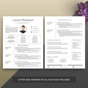 Puede incluir: Una plantilla de curr&iacute;culum vitae de dos p&aacute;ginas con el nombre "Laura Madison" en la parte superior. El curr&iacute;culum incluye secciones para perfil, educaci&oacute;n, experiencia laboral, habilidades e informaci&oacute;n adicional. El texto "LETTER SIZE VERSIONS OF ALL FILES ALSO INCLUDED" est&aacute; en la parte inferior.