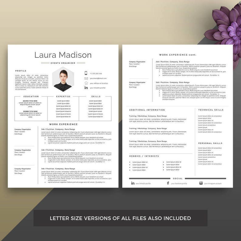 Puede incluir: Una plantilla de curr&iacute;culum vitae de dos p&aacute;ginas con el nombre "Laura Madison" en la parte superior. El curr&iacute;culum incluye secciones para perfil, educaci&oacute;n, experiencia laboral, habilidades e informaci&oacute;n adicional. El texto "LETTER SIZE VERSIONS OF ALL FILES ALSO INCLUDED" est&aacute; en la parte inferior.
