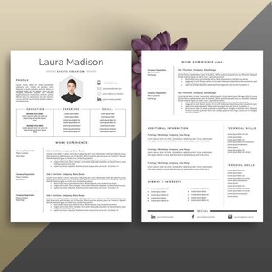 Puede incluir: Una plantilla de curr&iacute;culum vitae profesional con un dise&ntilde;o limpio y minimalista. El curr&iacute;culum incluye secciones para perfil, educaci&oacute;n, experiencia, habilidades y experiencia laboral. El nombre "Laura Madison" est&aacute; en la parte superior, con informaci&oacute;n de contacto y enlaces a redes sociales.