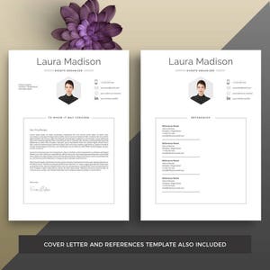 Puede incluir: Una plantilla de curr&iacute;culum profesional con el nombre "Laura Madison" en la parte superior. El curr&iacute;culum incluye secciones para informaci&oacute;n de contacto, una foto y referencias. El texto "Plantilla de carta de presentaci&oacute;n y referencias tambi&eacute;n incluida" est&aacute; en la parte inferior.