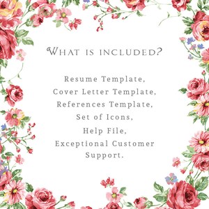 Puede incluir: Imagen con fondo blanco y bordes florales de rosas rojas y rosas, hojas verdes y peque&ntilde;as flores azules. El texto central dice "WHAT IS INCLUDED?" seguido de una lista de elementos incluidos, como plantillas de curr&iacute;culum.
