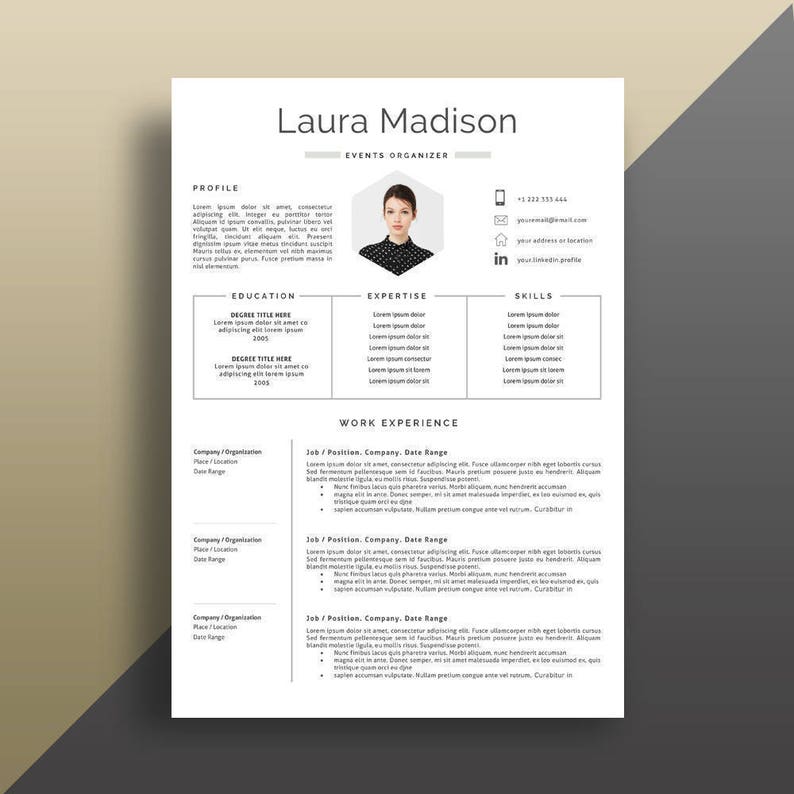 Puede incluir: Una plantilla de curr&iacute;culum vitae profesional con un dise&ntilde;o limpio y moderno. El curr&iacute;culum incluye secciones para perfil, educaci&oacute;n, experiencia, habilidades y experiencia laboral. El nombre "Laura Madison" y el t&iacute;tulo "Events Organizer" est&aacute;n en la parte superior.