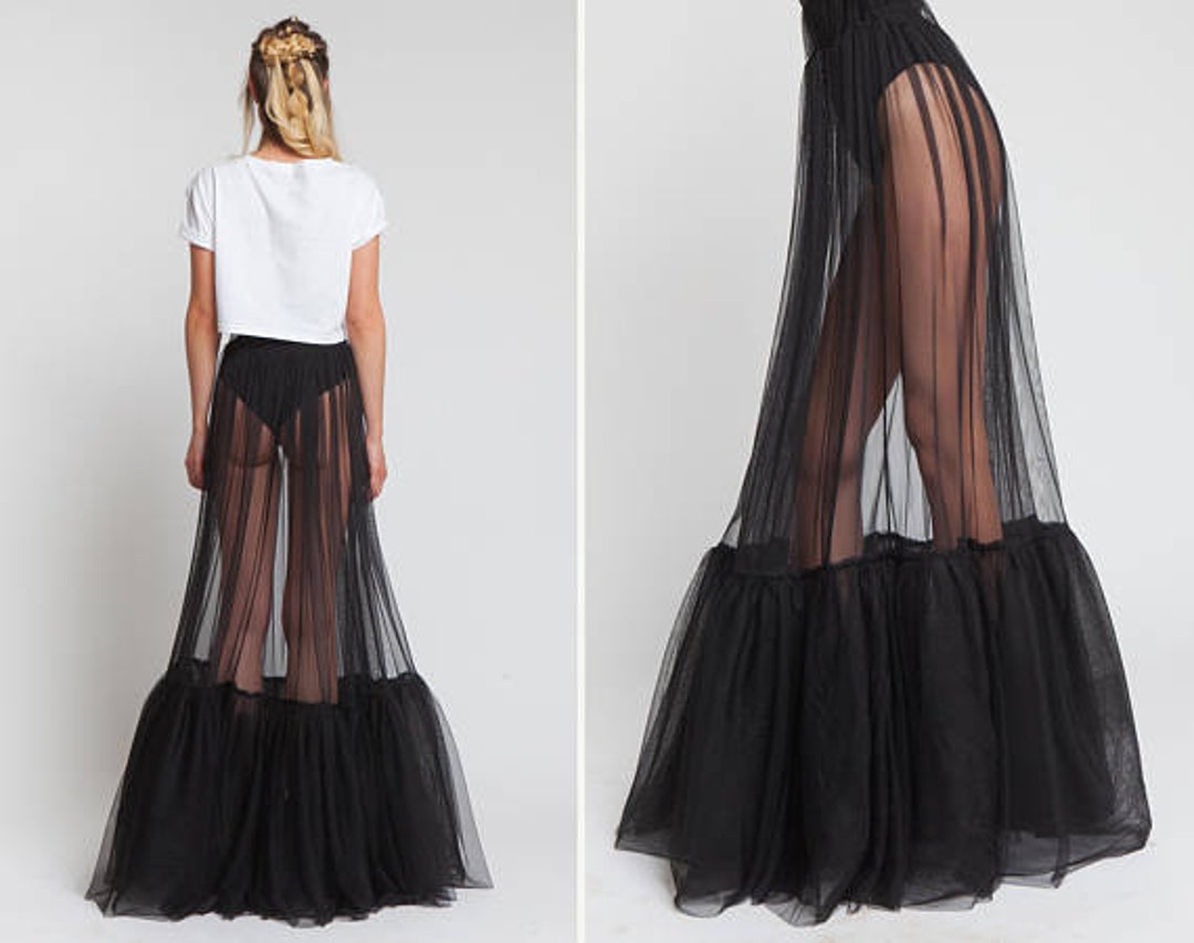 Sheer One Layer, Black Maxi Skirt, See Through, Women Black Long Tulle ...