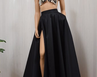 Amanda Thigh Split Maxi Skirt, Raw taffeta Skirt, long skirt, summer skirt, black skirt, Slit skirt, Floor skirt,