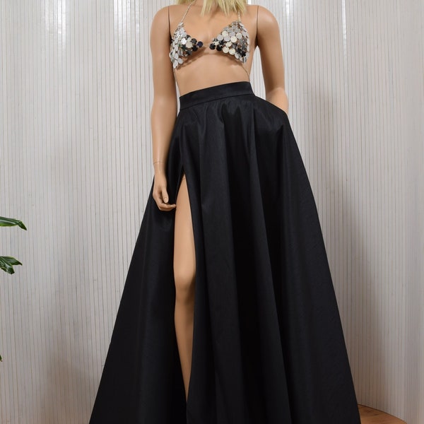 Amanda Thigh Split Maxi Skirt, Raw taffeta Skirt, long skirt, summer skirt, black skirt, Slit skirt, Floor skirt,
