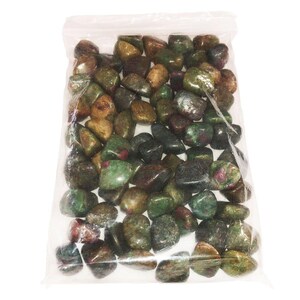 May include: A clear plastic resealable bag filled with numerous tumbled stones. The stones are primarily shades of dark green and olive, with distinct patches of deep red and burgundy throughout, featuring a smooth, polished, and glossy surface.