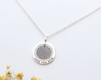 Personalized Thumbprint Circle Necklace - Unique Sympathy Gift in Sterling Silver - Delicate Fingerprint Necklace with Rolo Chain