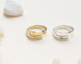 Bague avec nom personnalisé - bague croix en argent - bague ouverte réglable fine - bague nom personnalisée - cadeau pour maman - nom gravé