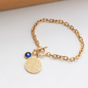 Sterling Silver Fingerprint Disc Bracelet: Personalized Handwriting, Birthstone Charm - Toggle Clasp Bracelet - chunky chain