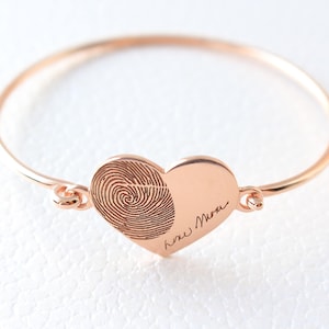Pulsera de plata de ley con huella dactilar en forma de corazón - Pulsera personalizada con escritura a mano - Pulsera con firma grabada - Regalo de Navidad