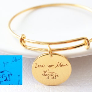 Custom Actual Handwriting Jewelry - Circled shaped bangle - Engraved Signature Bracelet - Keepsake Jewelry - Actual Kid&#39;s Drawing Bracelet