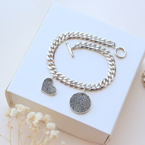 Personalized Fingerprint Bracelet - Custom Handwriting Bracelet - Memorial Gift for Women - Silver Heart Bracelet - Toggle Clasp Bracelet