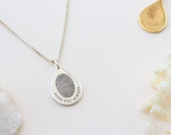Teardrop Fingerprint Necklace with Box Chain - Unique Sympathy Gift in Sterling Silver - Delicate Personalized Necklace - Mother's Day Gifts