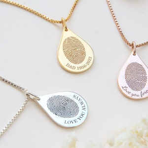 Teardrop Fingerprint Necklace with Box Chain - Unique Sympathy Gift in Sterling Silver - Delicate Personalized Necklace - Mother's Day Gifts