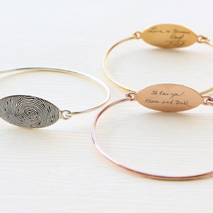 Sterlingzilveren ovale vingerafdrukarmband - gepersonaliseerde handschriftarmband - gegraveerde handtekeningarmband - kerstcadeau