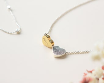 Double Tiny Heart Shaped Fingerprint Necklace with Rolo Chain - Unique Sympathy Gift - Delicate Personalized Necklace - Two Charms Necklace
