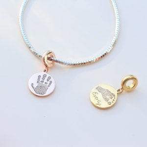 Sterling Silver Disc Charm Bracelet - Handprint Engraved Charm Bracelet - Personalized Fingerprint Bracelet - Acutal Baby Footprint Bracelet
