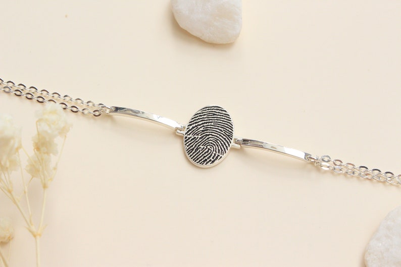 Sterling Silver Oval Shaped Fingerprint Bracelet Personalized Handwriting Bracelet Your Signature Bracelet Mother's Day Gift image 2