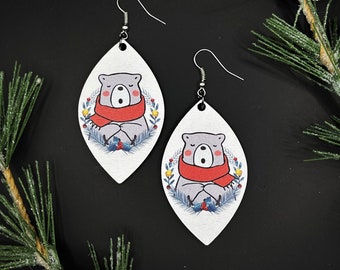 Funny bear Christmas earrings Christmas ornaments Christmas gifts for women Christmas decor Gifts for her Christmas jewelry Wooden earrings