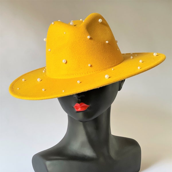 Pearl fedora hat Wide brim straw hat Yellow womens hats Fedora hats for women Gift for her Stylish hat Bolero hat Summer hat Festival hat