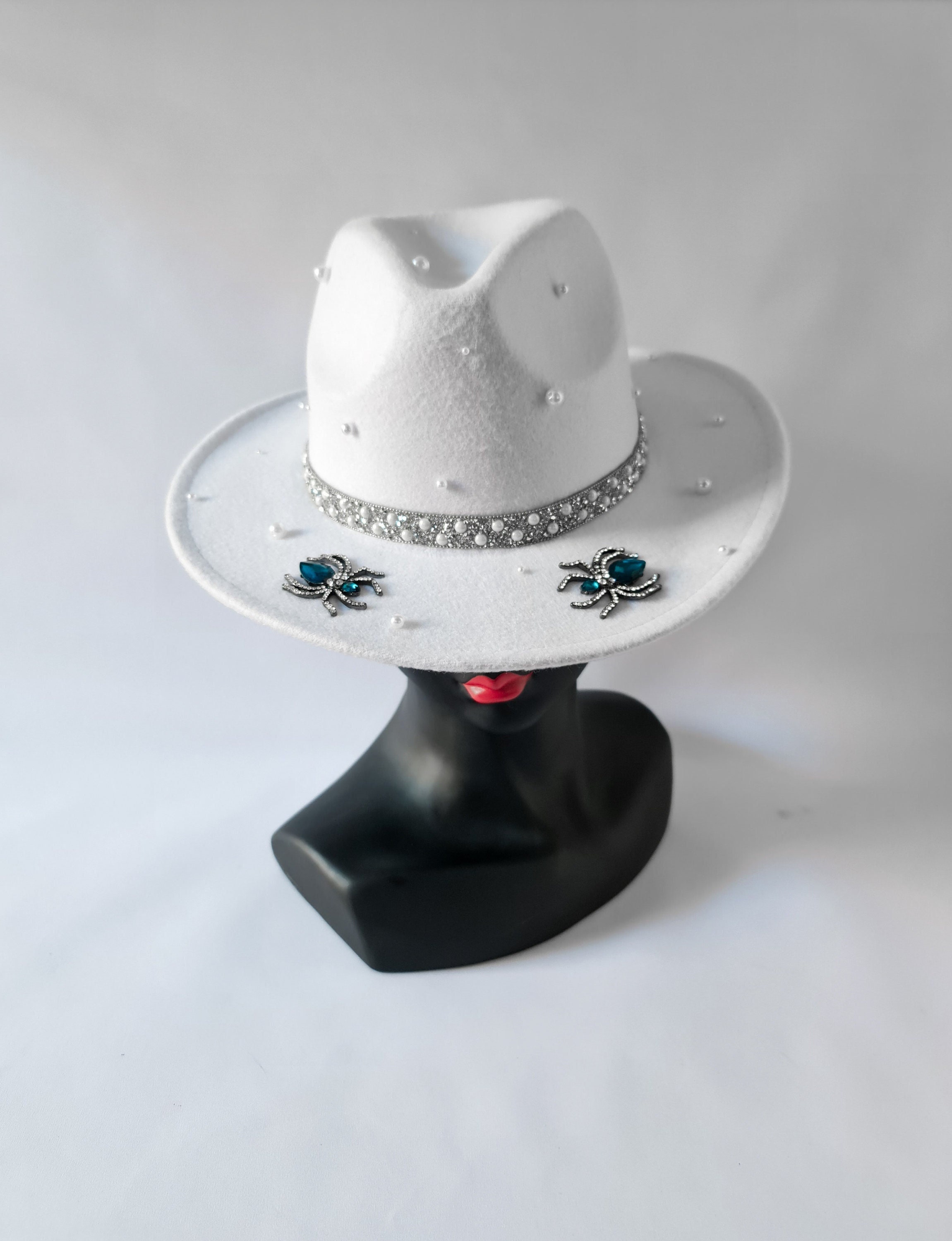 Rhinestone fedora hat.” All White Rhinestone Straw Fedora – Wy main image 4