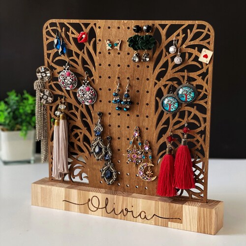 ElasignShopo Wood Earring Tree Organizer – Jewelry Display Stand With Ring Dish For Necklaces, Bracelets & Earrings