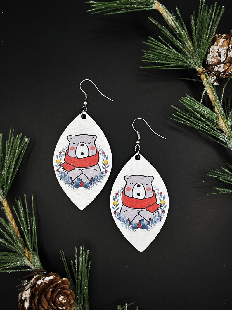 Funny bear Christmas earrings Christmas ornaments Christmas gifts for women Christmas decor Gifts for her Christmas jewelry Wooden earrings image 1