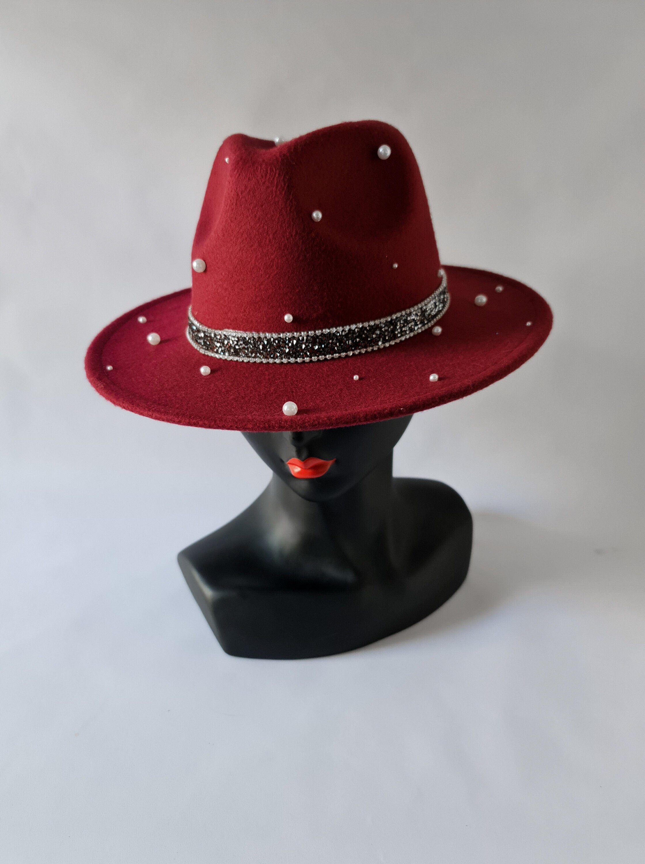 Cato Red Wide Brim Hat Rhinestone Band Western Fedora Glam One Size Red Cowboy Hats for Women for sale | eBay main image 2
