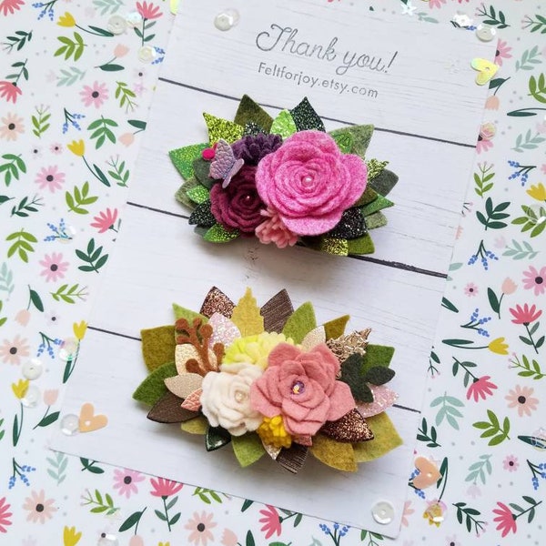 Felt flower hair clips, spring hair clips, flower hair clips, succulent hair clip, girl hair accessories, felt hair clip, felt rosettes