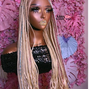Amy Braids Full HD Lace Knotless Braid Wig Blonde 30 inches, 4 Combs Attached For Black Women, Natural Looking Handmade Braided Wigs