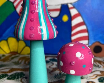 Whimsical Jellyfish hand painted wooden mushrooms - Set of 2 - One of a Kind
