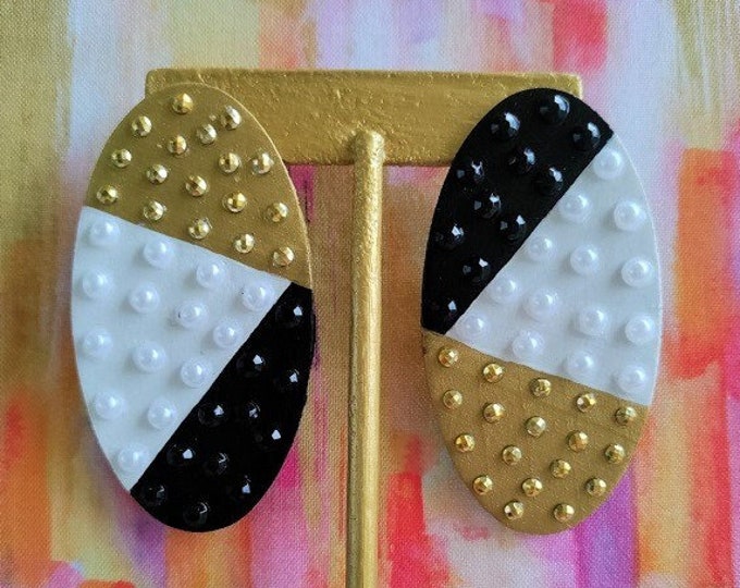 Oval Pearl Black Gold flatback beaded hand painted wood earrings