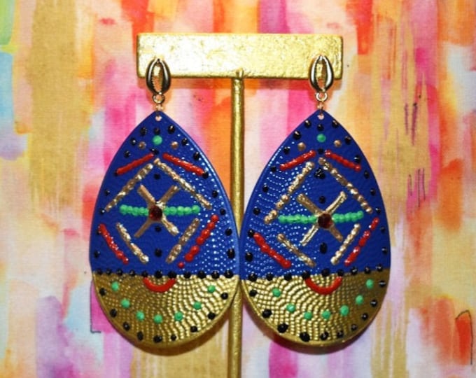 Featured listing image: Hand painted abstract earrings w/ gold cowrie shell push backs - ONE OF A KIND