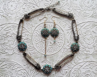 Antiqued gold turquoise starburst safety pin choker necklace & earring set - One of a Kind