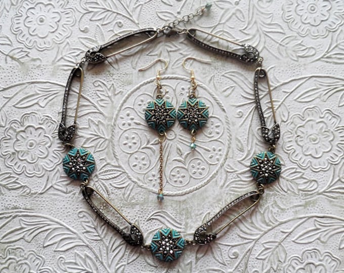 Antiqued gold turquoise starburst safety pin choker necklace & earring set - One of a Kind