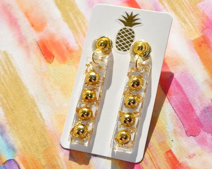 Clear gold foil & flat back bead resin earrings - One of a Kind