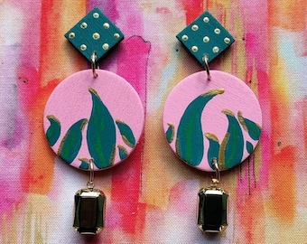 Palm leaves hand-painted pink green leaf earrings - One of a Kind