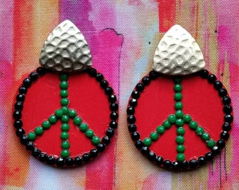 Peace Red black and green earrings - One of a Kind
