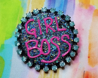 Girl Boss handpainted wooden lapel pin brooch - One of a Kind
