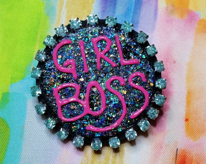 Featured listing image: Girl Boss handpainted wooden lapel pin brooch - One of a Kind
