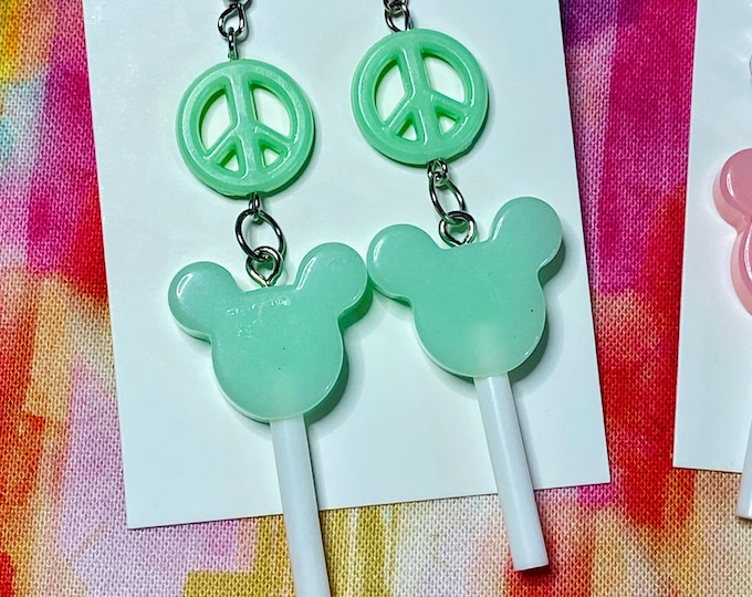 Mouse House ears inspired lollipop earrings - Mint Peace sign