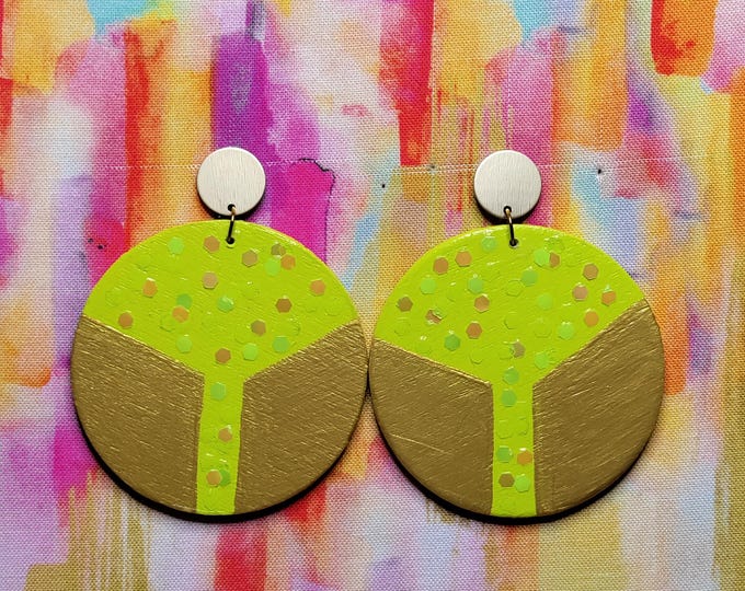Hand painted wood chartreuse & gold earrings - One of a Kind