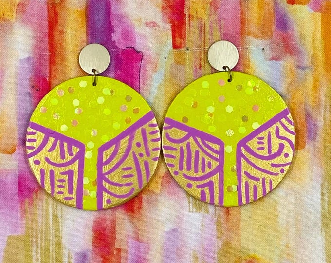 Hand painted chartreuse gold purple earrings - One of a Kind