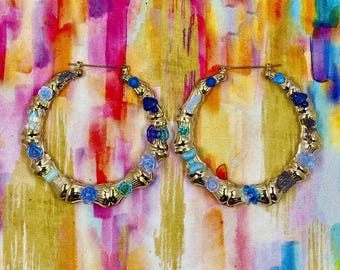 Faux gold bamboo hoop Shades of Blue charm junk earrings - ONE OF A KIND