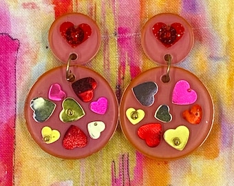 Pink colorful heart confetti resin earrings - One Of A Kind