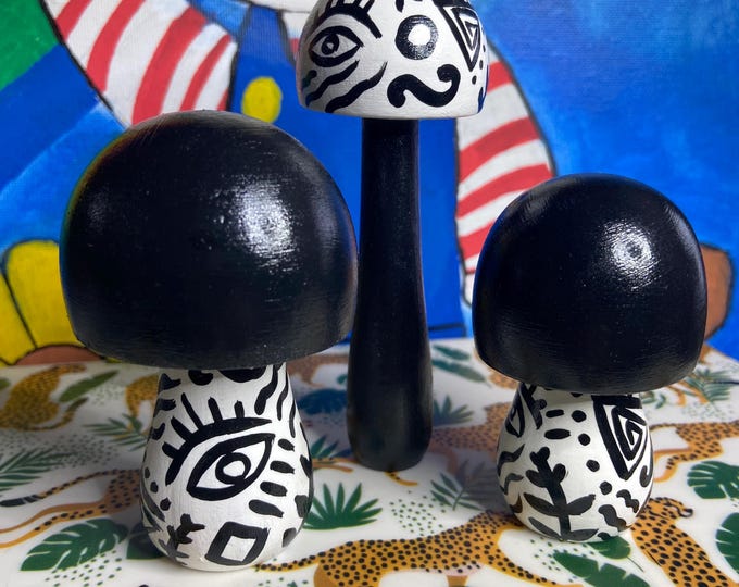 Whimsical Abstract hand painted wooden mushrooms - Set of 3 - One of a Kind